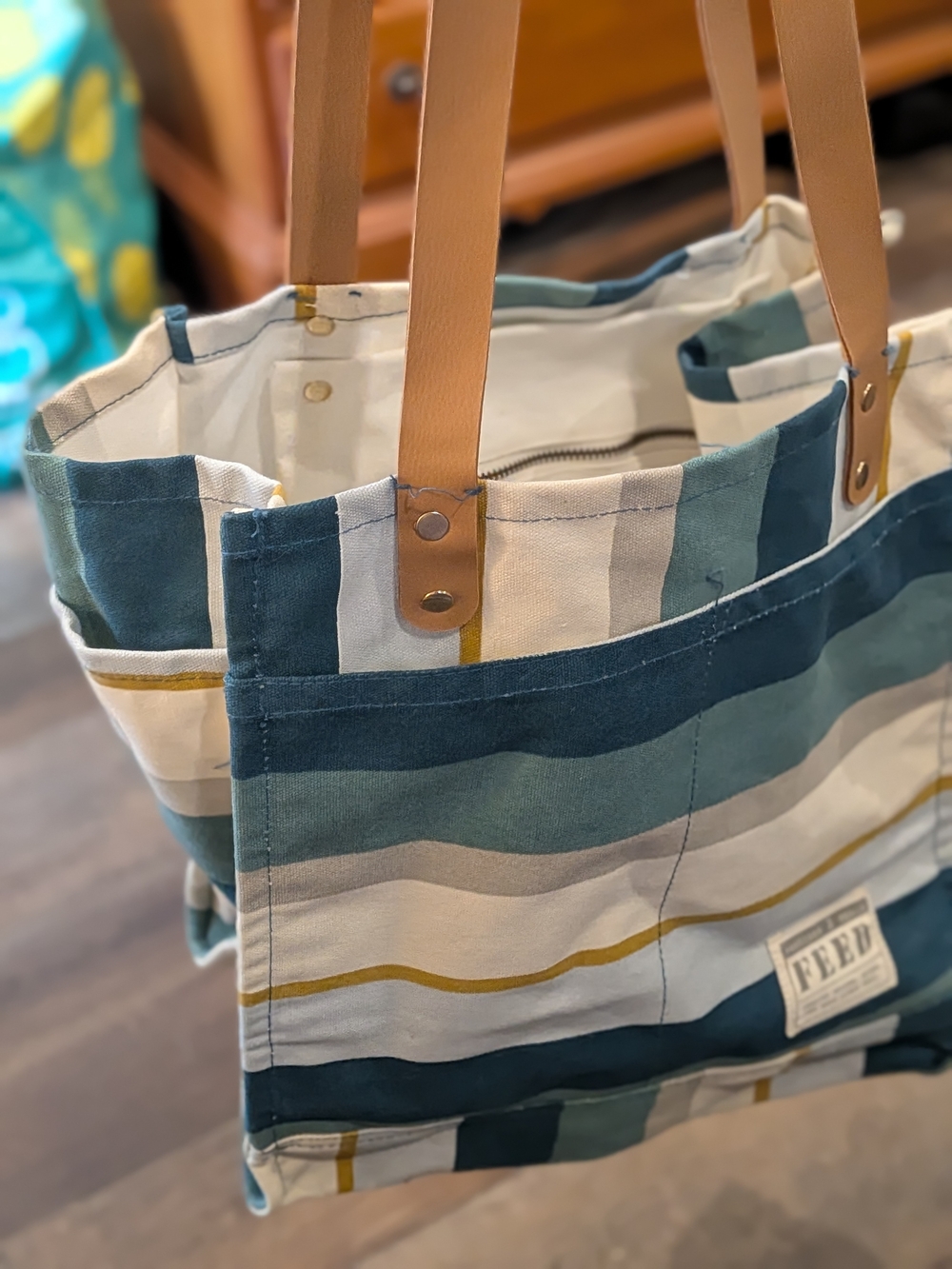 Striped Canvas Tote with Leather Handles - Blue, Teal & Mustard